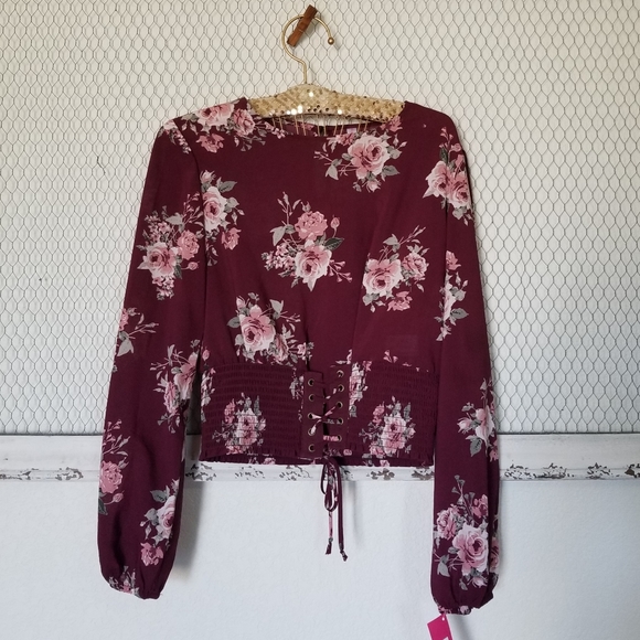 Xhilaration Tops - Xhilaration Wineberry Long Sleeve Floral Top